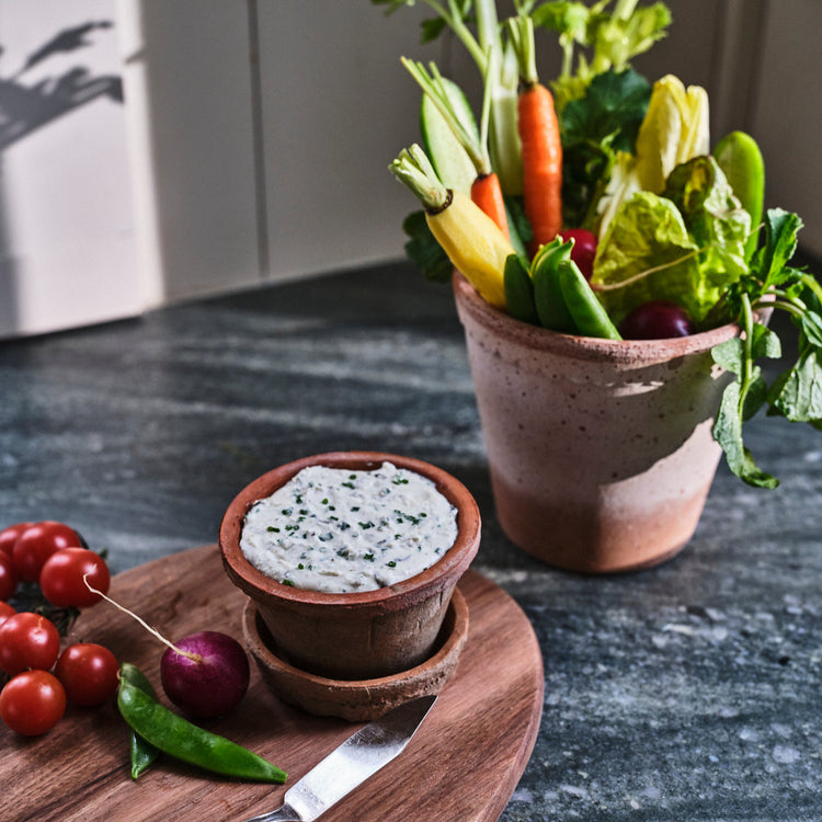 Dip bowl with ramp brebis cheese, wooden board with knife, and potted plant with vegetables on a dark surface