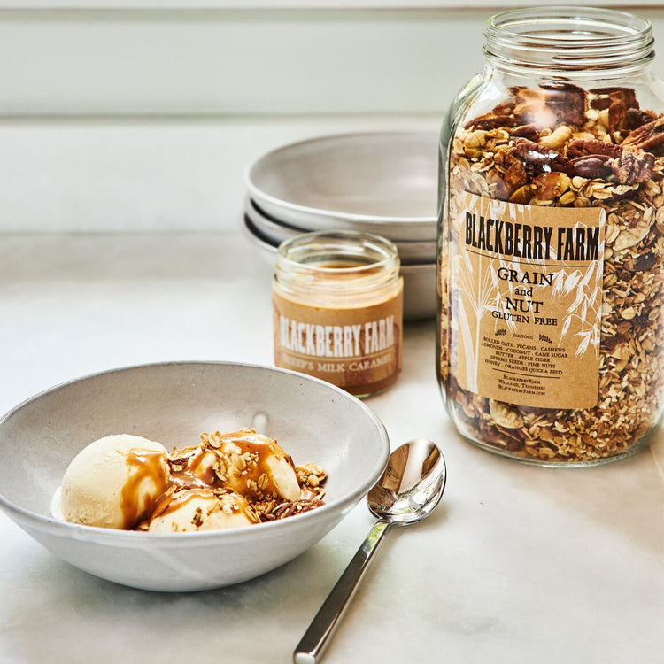 granola and caramel on ice cream