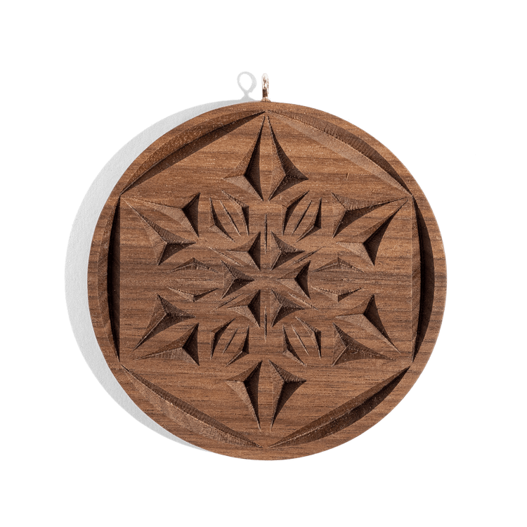 Hand Carved Wooden Snowflake Ornament Walnut Border
